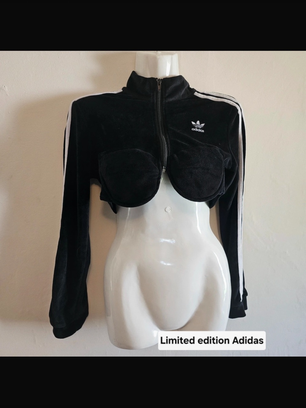 adidas Jeremy Scott Black Cropped Velour Track crop Top with White Stripes